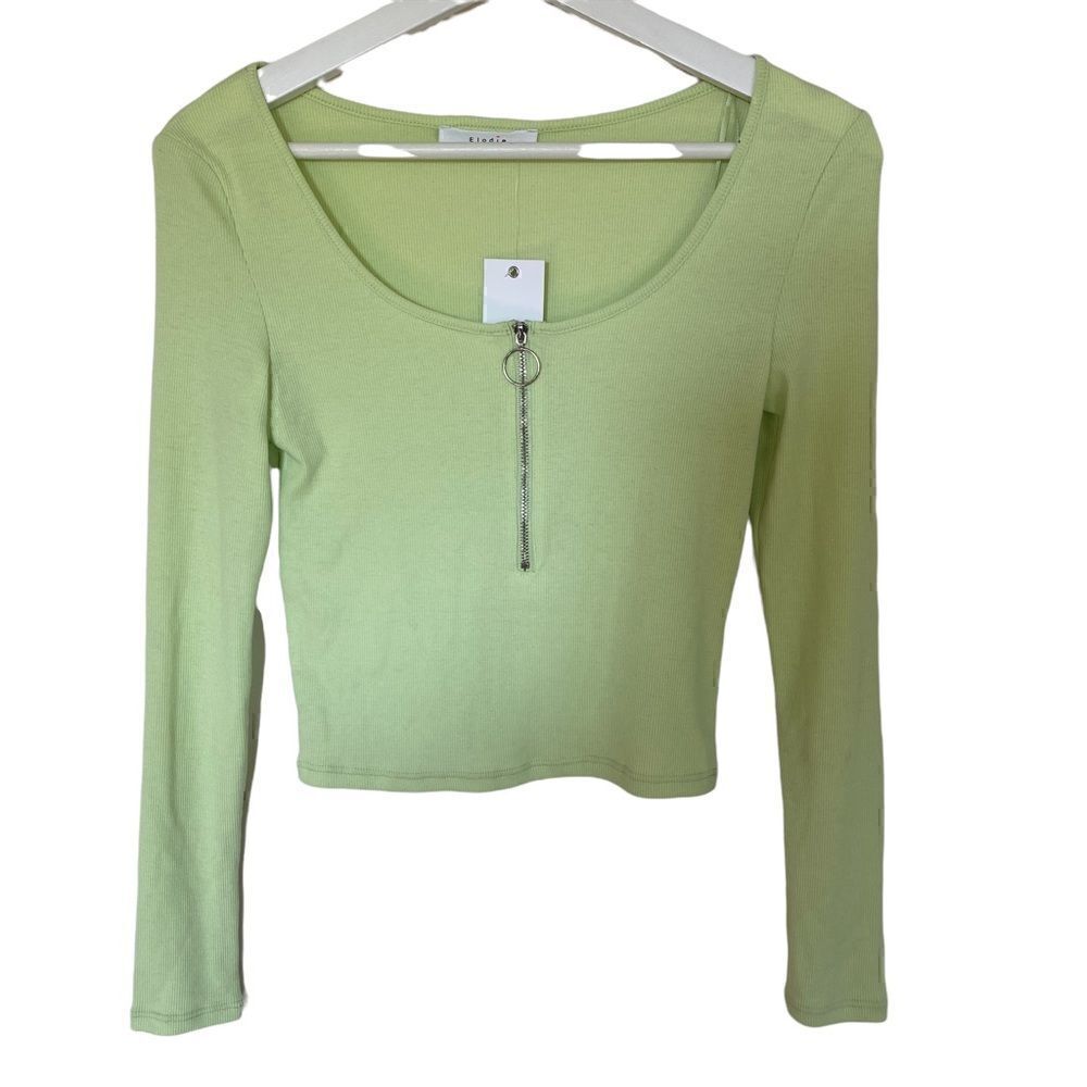 Elodie Nordstrom green ribbed long sleeve zipper crop top XS NEW crew neck